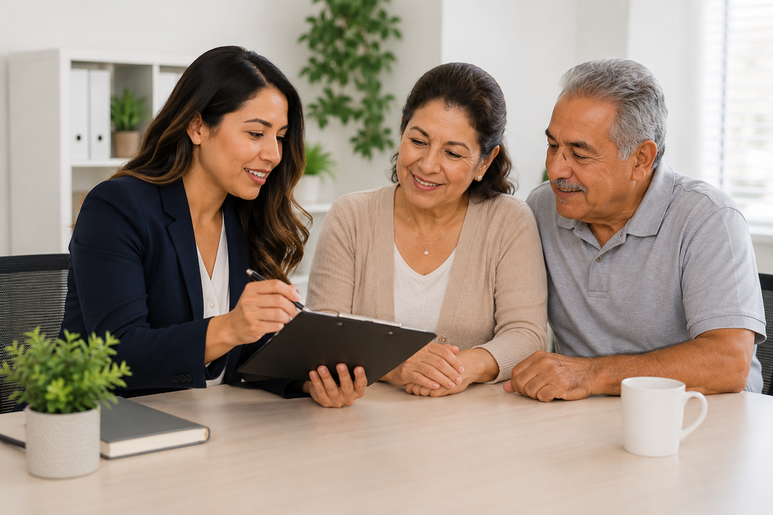Asesora de Protect Plus Advisors explicando opciones de seguro de salud a una pareja de adultos mayores hispanos
